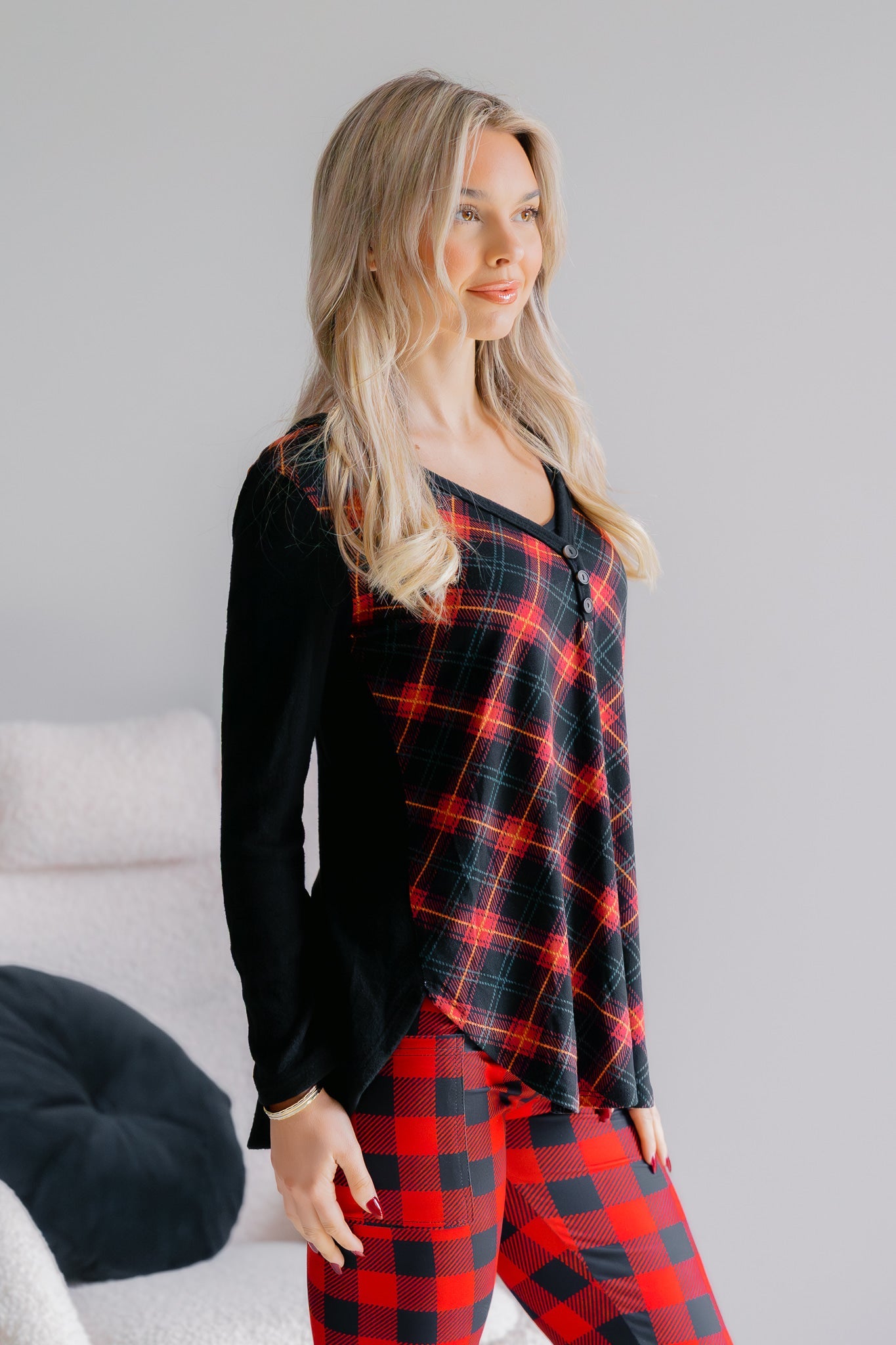 Crimson Cabin Plaid V-Neck